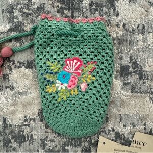 Green Crochet Bag with Floral Embroidery